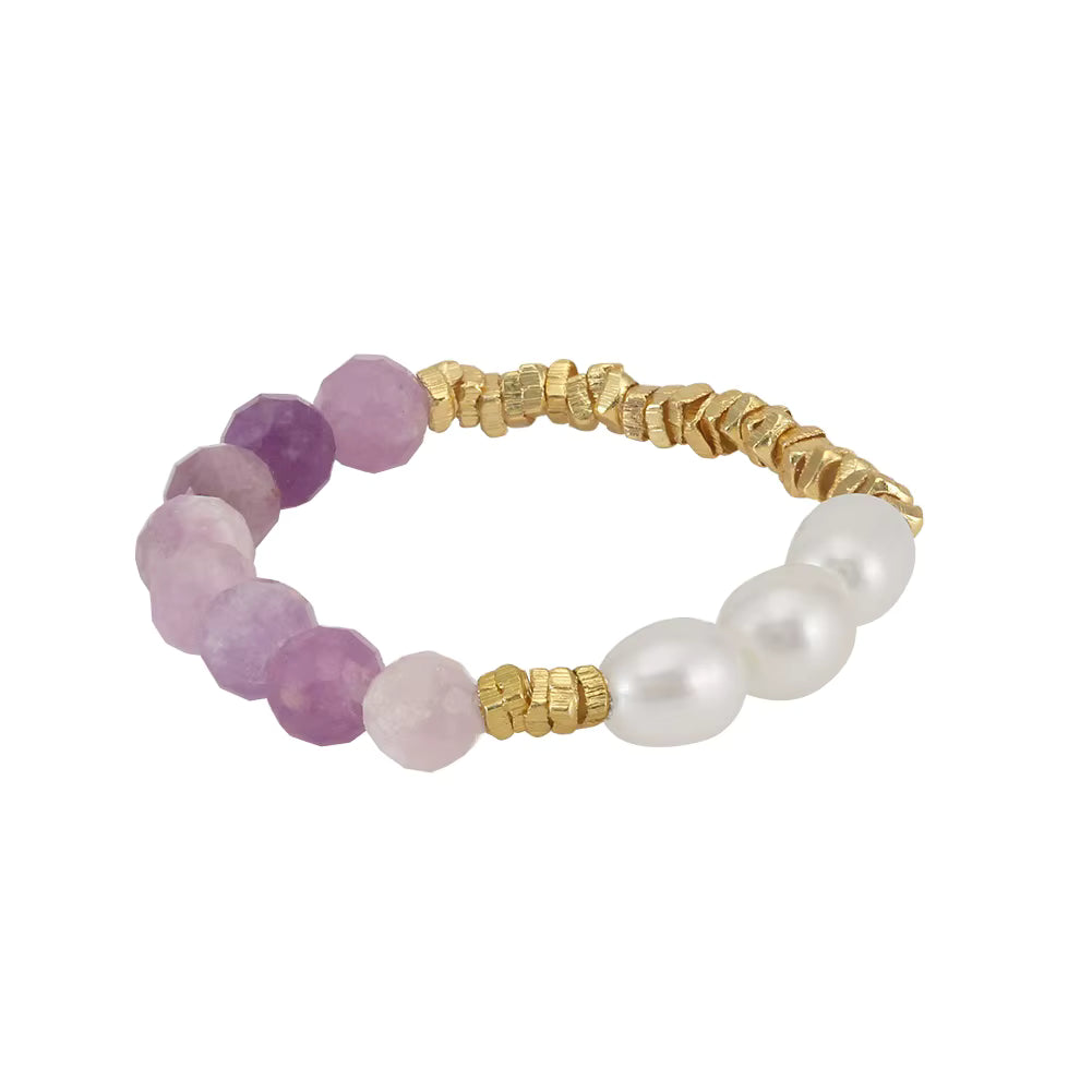 Natural Stone Healing Ring - Opal & Pearl Adjustable Bead Ring