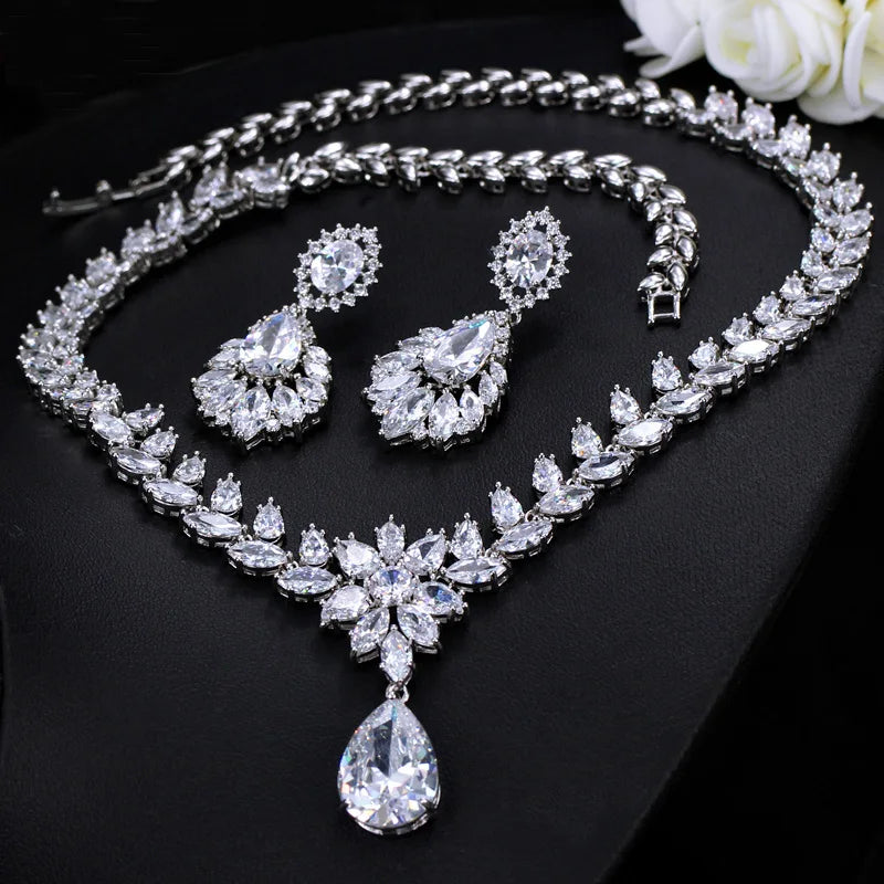 White Cubic Zirconia Bridal Necklace & Earrings