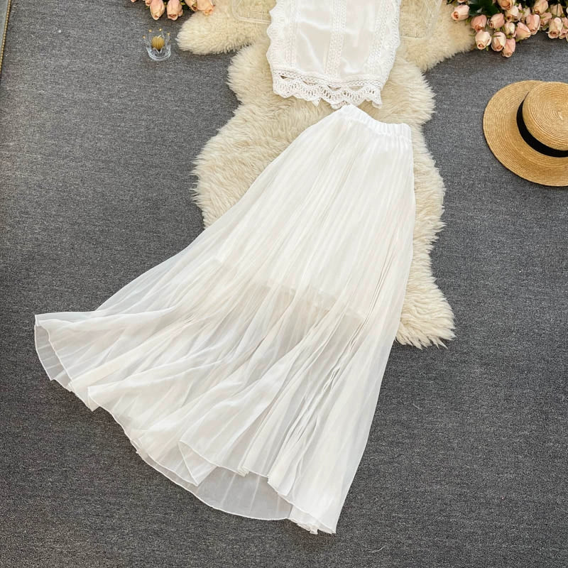 Two Piece Lace Set - Casual Top & High Waist Pleated Skirt