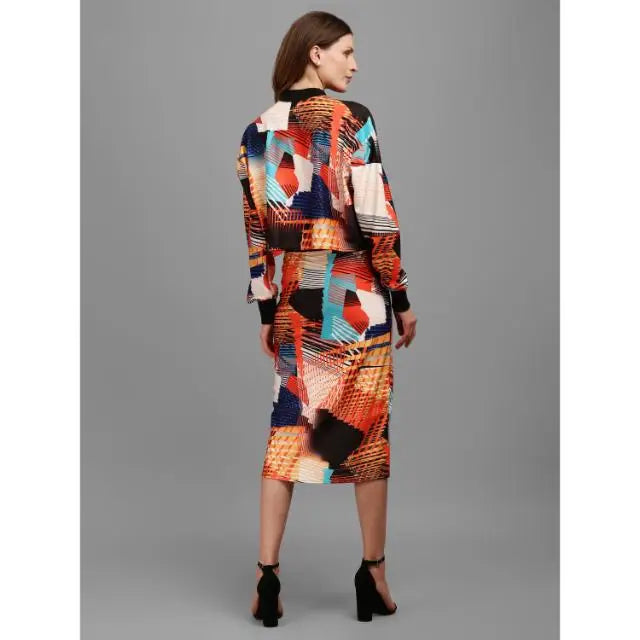 2-Piece Set - High Neck Printed Crop Top & Midi Pencil Skirt