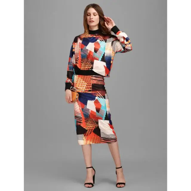 2-Piece Set - High Neck Printed Crop Top & Midi Pencil Skirt