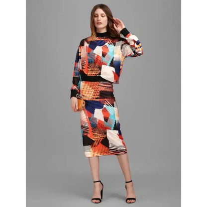 2-Piece Set - High Neck Printed Crop Top & Midi Pencil Skirt