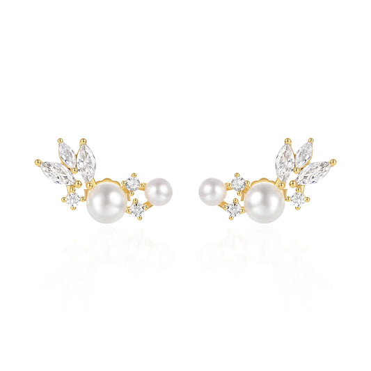 Pearl & Zircon Feather Stud Earrings - 925 Sterling Silver