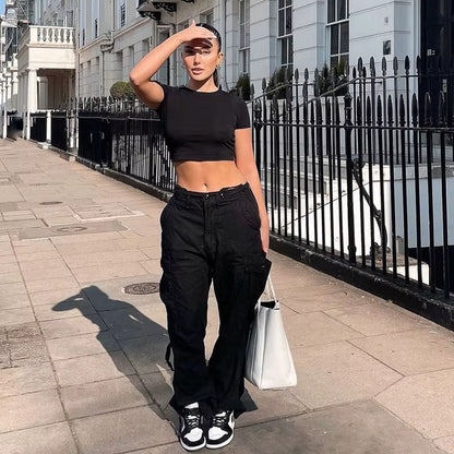 Cargo Pants - Casual Straight Leg Wide Pants with Pockets