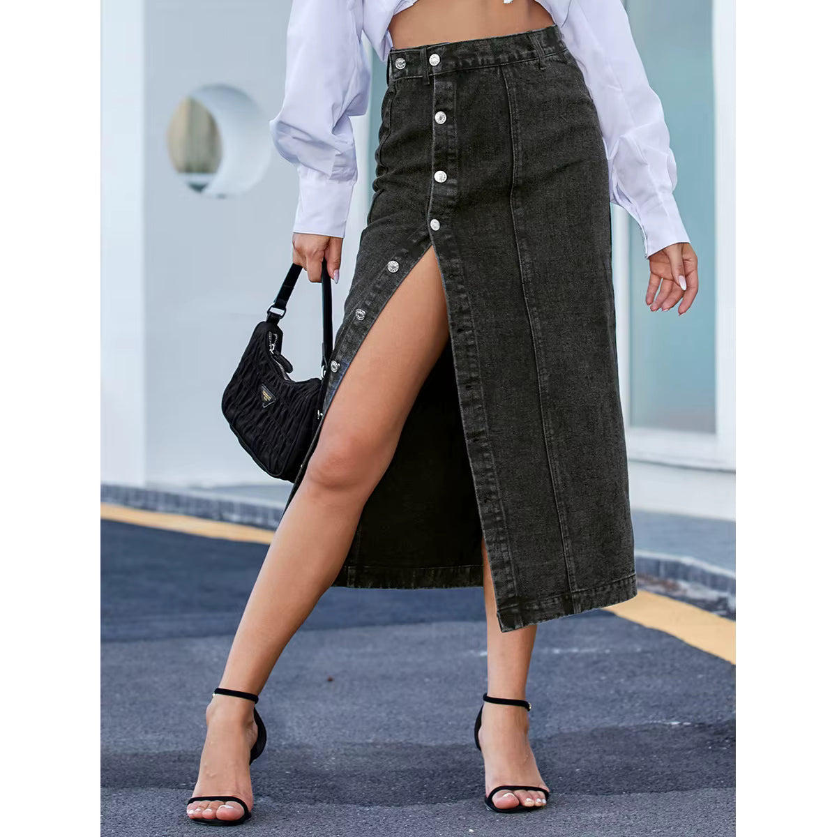High Waist Button Front Denim Maxi Skirt with Split Detail