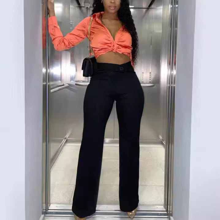 Wide Leg Casual Pants - High Waist Commuter Trousers