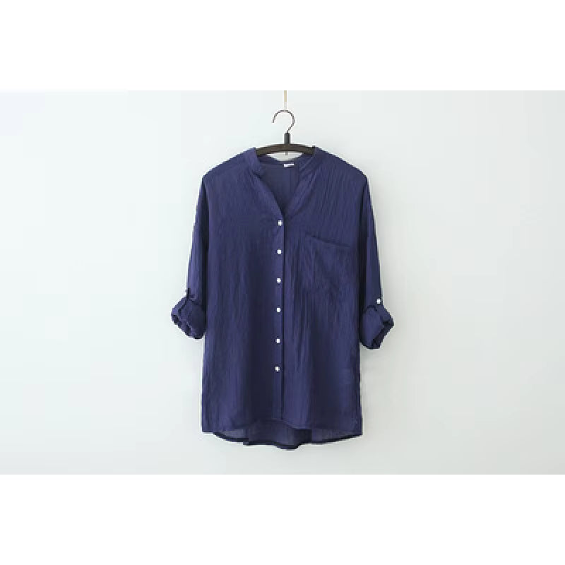 Cotton Linen Button-Up Blouse Loose Fit Casual Shirt
