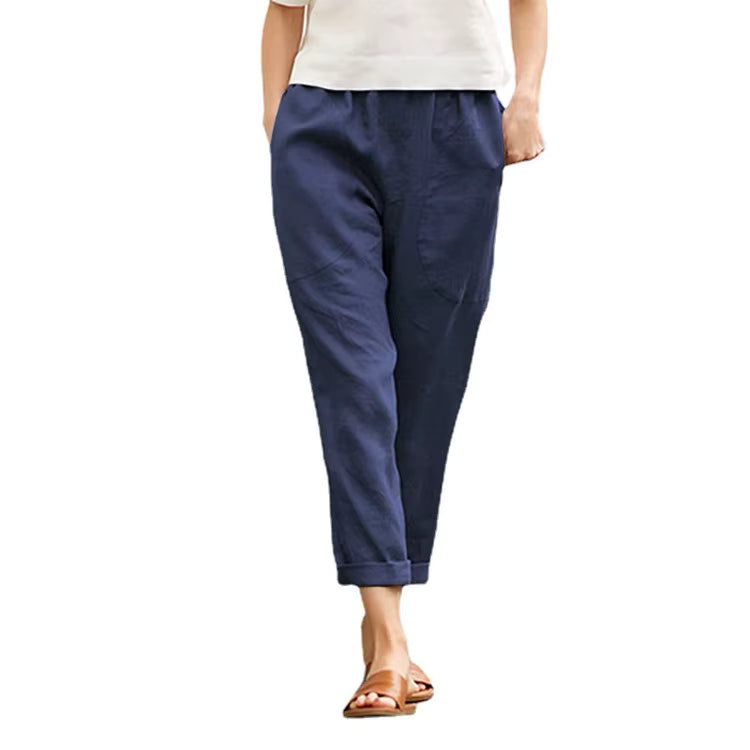 Cotton Linen Cropped Pants - Women's Casual Straight Leg Trousers with Pockets