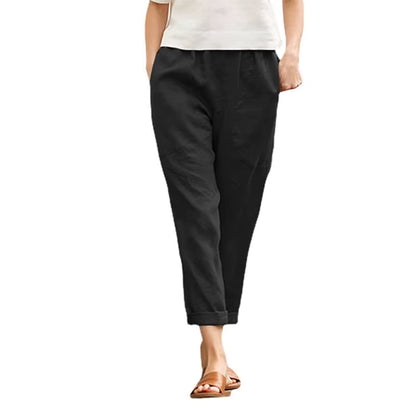 Cotton Linen Cropped Pants - Women's Casual Straight Leg Trousers with Pockets