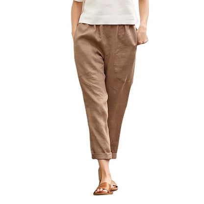 Cotton Linen Cropped Pants - Women's Casual Straight Leg Trousers with Pockets