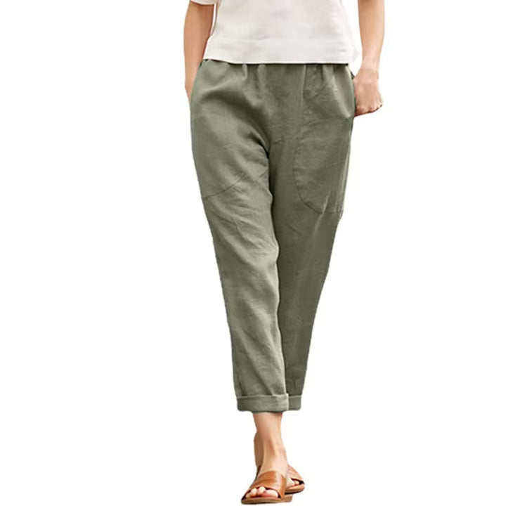 Cotton Linen Cropped Pants - Women's Casual Straight Leg Trousers with Pockets
