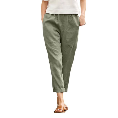 Cotton Linen Cropped Pants - Women's Casual Straight Leg Trousers with Pockets