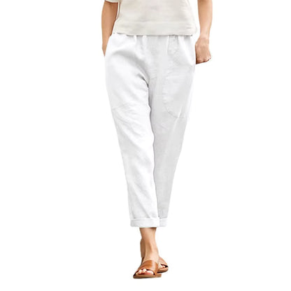 Cotton Linen Cropped Pants - Women's Casual Straight Leg Trousers with Pockets