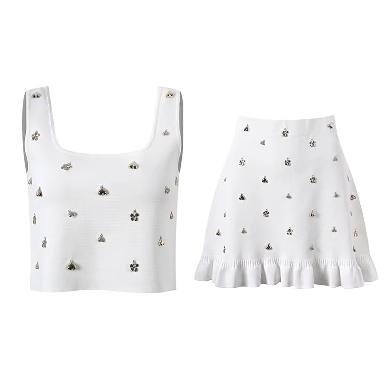 Two Piece Embellished Vest & Lotus Leaf Mini Skirt Set
