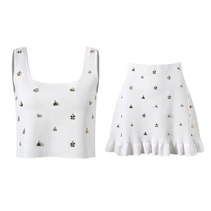 Two Piece Embellished Vest & Lotus Leaf Mini Skirt Set