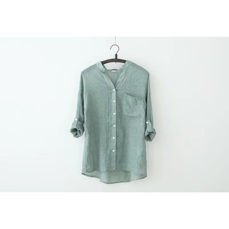 Cotton Linen Button-Up Blouse Loose Fit Casual Shirt
