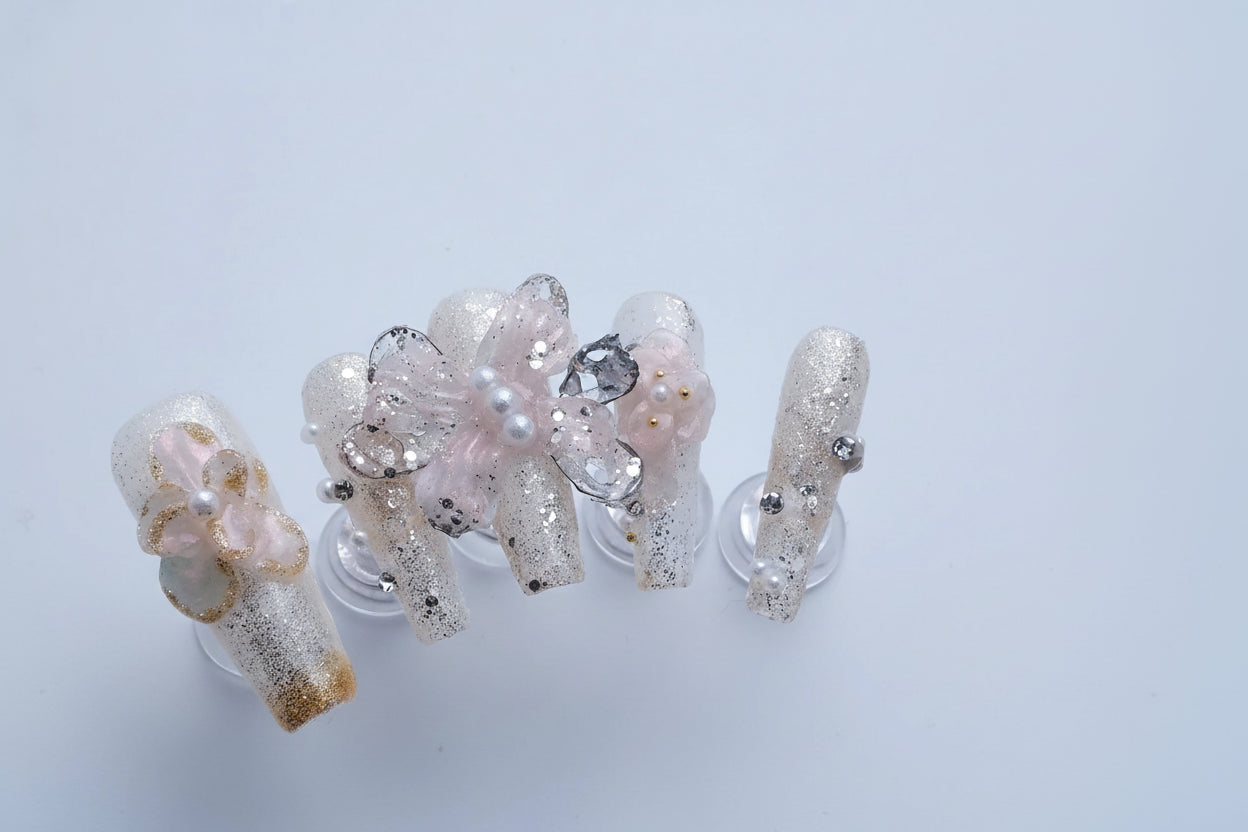 Designer 3D Lace Butterfly Press-On Nails - Extra Long Coffin Shape