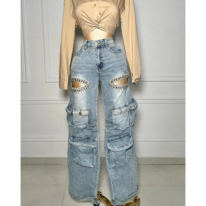 Women's High Waist Wide Leg Rhinestone Cargo Jeans - Loose Baggy Pants