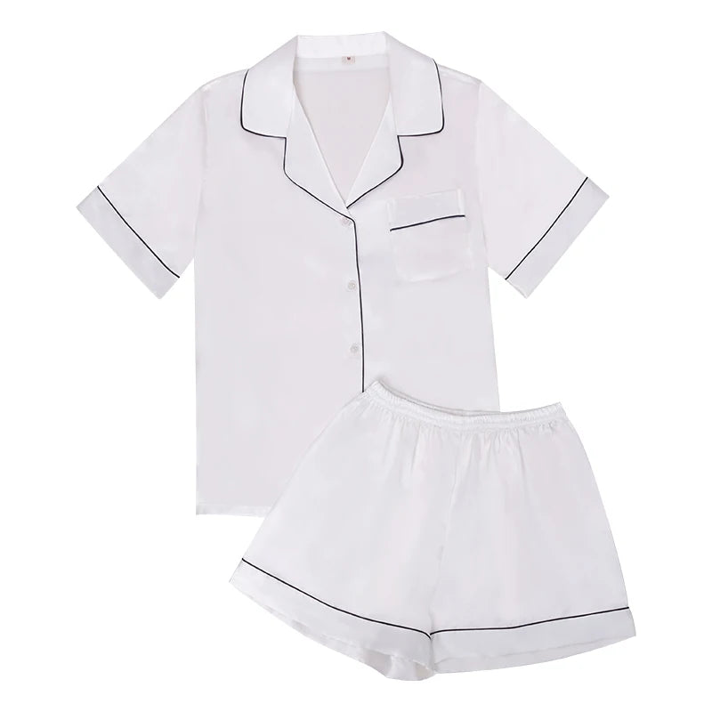 Satin Pajama Set - Short Sleeve Top & Elastic Waist Shorts