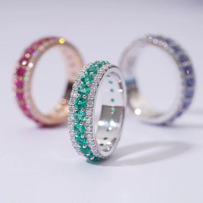 14K Gold Lab Grown Gemstone Wedding Ring - Sapphire, Emerald, or Ruby with Moissanite