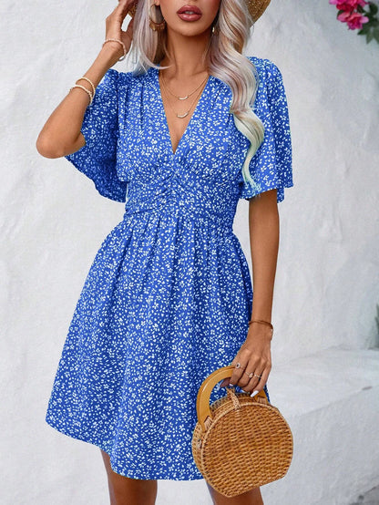 V-Neck Floral Print Pleated Short Sleeve High-Waisted Summer Dress
