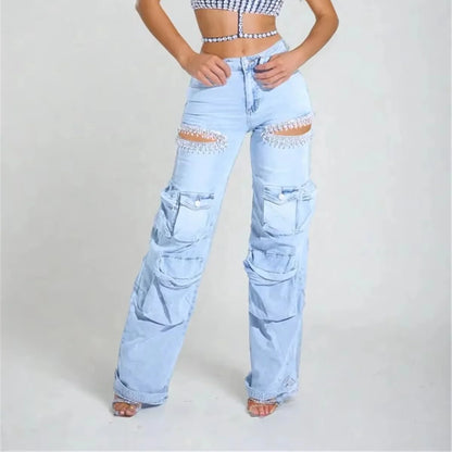 Women's High Waist Wide Leg Rhinestone Cargo Jeans - Loose Baggy Pants