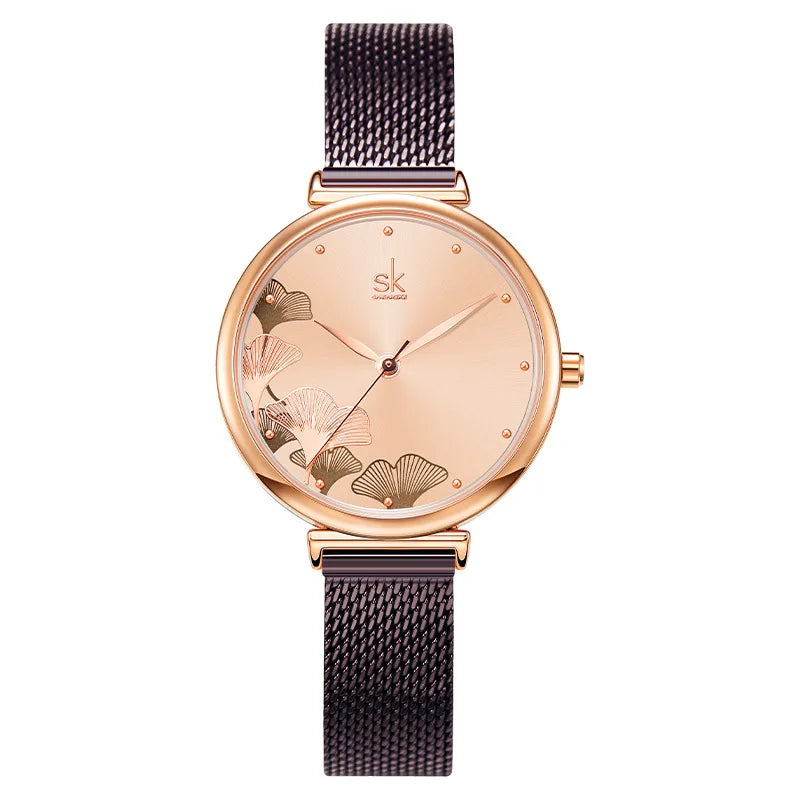 Women's Ginkgo Leaf Quartz Watch - Stainless Steel Mesh Bracelet