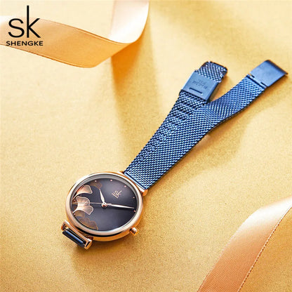 Women's Ginkgo Leaf Quartz Watch - Stainless Steel Mesh Bracelet