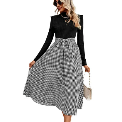 Turtleneck Sweater Dress - Houndstooth Patchwork Long Sleeve Knit Dress