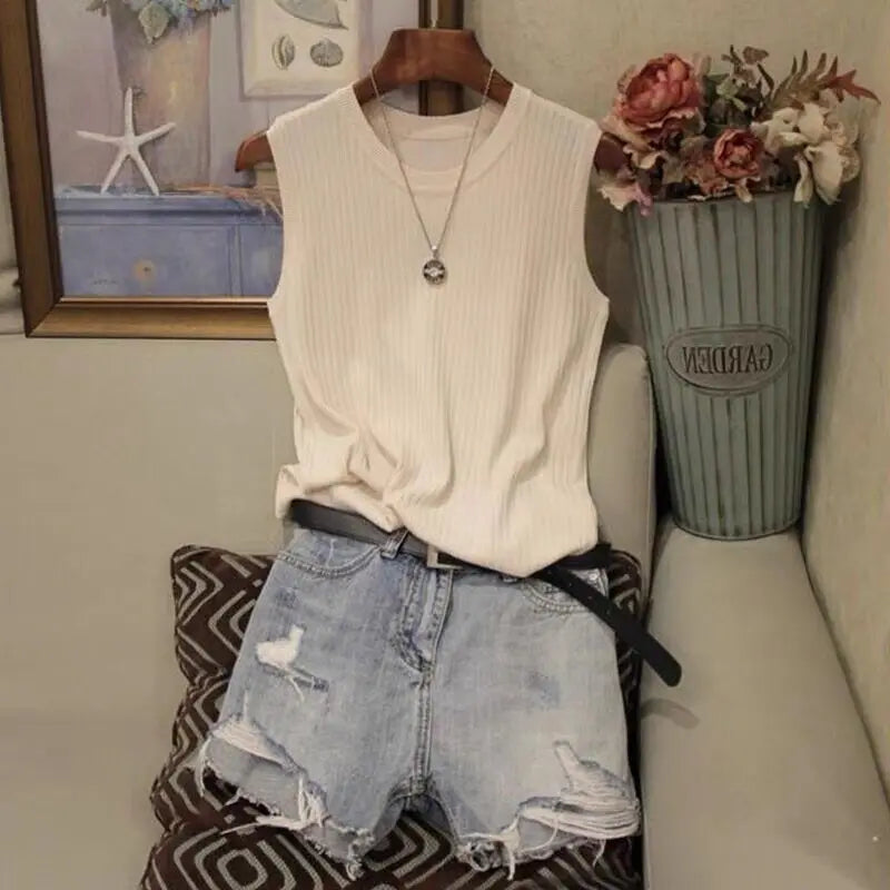 Sleeveless Button Knit Vest Slim Fit Tank Top
