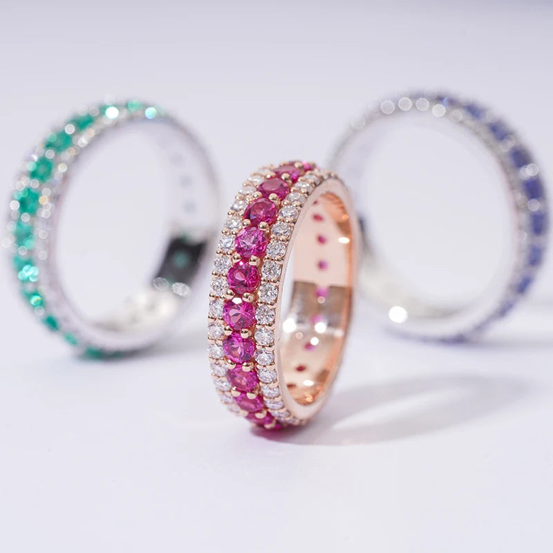 14K Gold Lab Grown Gemstone Wedding Ring - Sapphire, Emerald, or Ruby with Moissanite