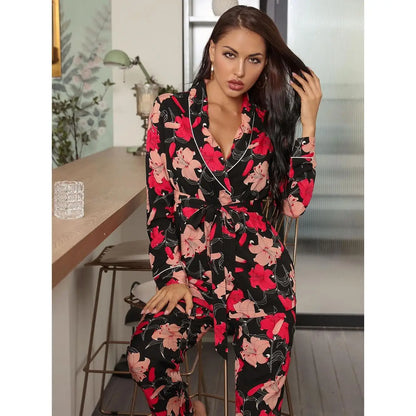 Floral Winter Pajama Set with Robe - Warm 3-Piece Sleepwear