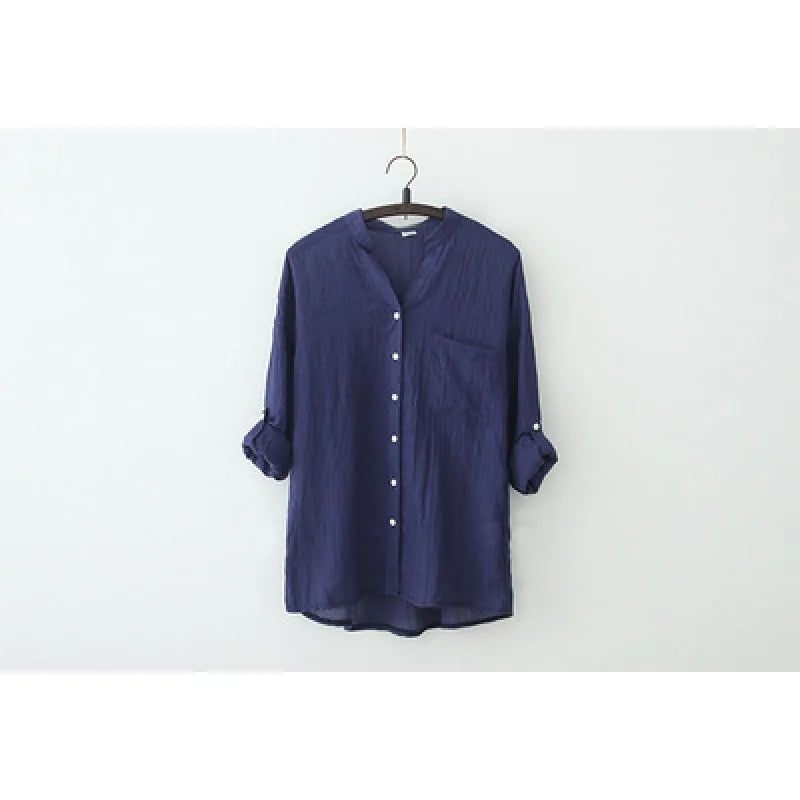 Cotton Linen Button-Up Blouse Loose Fit Casual Shirt