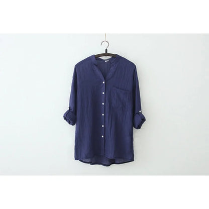 Cotton Linen Button-Up Blouse Loose Fit Casual Shirt