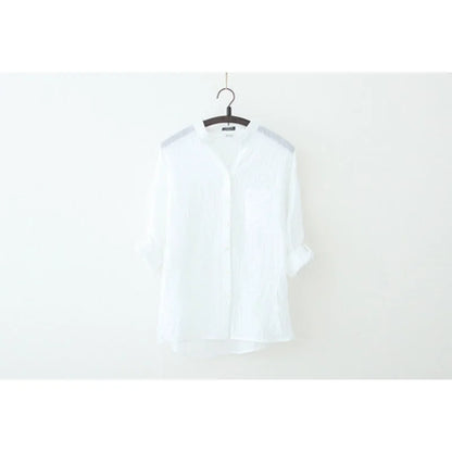 Cotton Linen Button-Up Blouse Loose Fit Casual Shirt