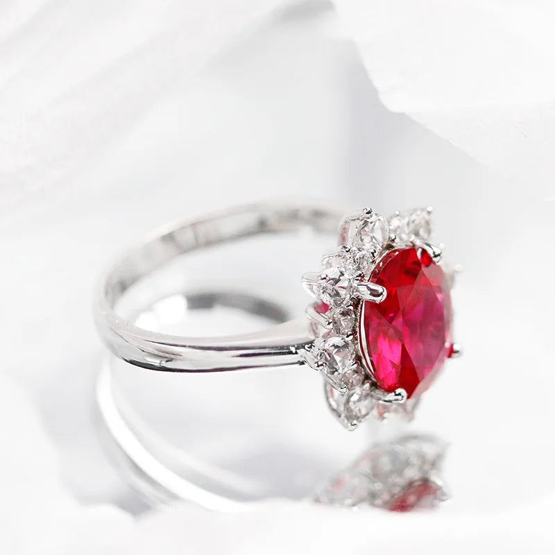Lab-Grown Ruby Ring - Oval Cut 925 Sterling Silver Pavé Setting
