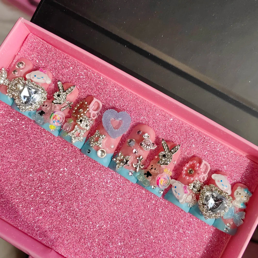 Colorful 3D Flowers Spring Press-On Nails - French White ABS Acrylic Artificial Nails