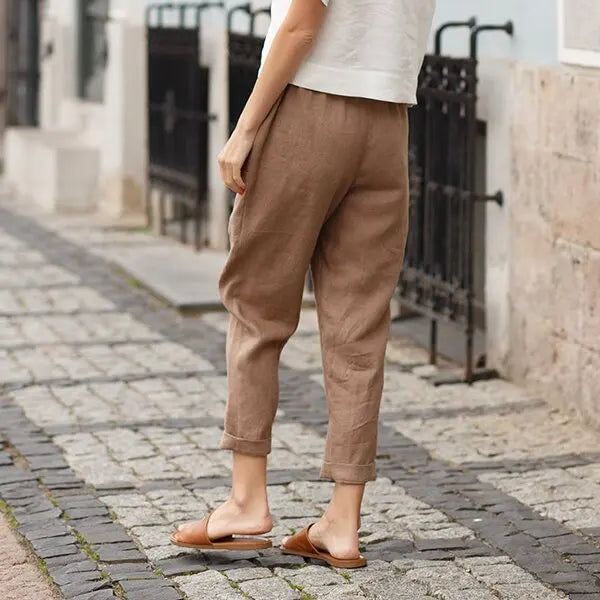 Cotton Linen Cropped Pants - Women's Casual Straight Leg Trousers with Pockets