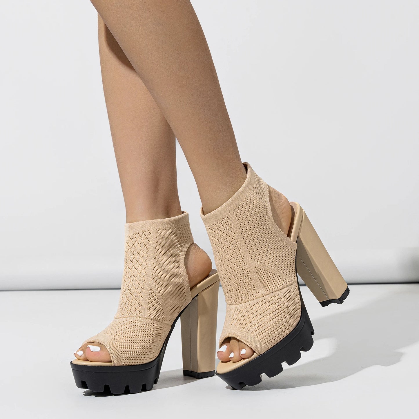 Knitted Ankle Boots - Thick Heel Platform Boots with Peep Toe