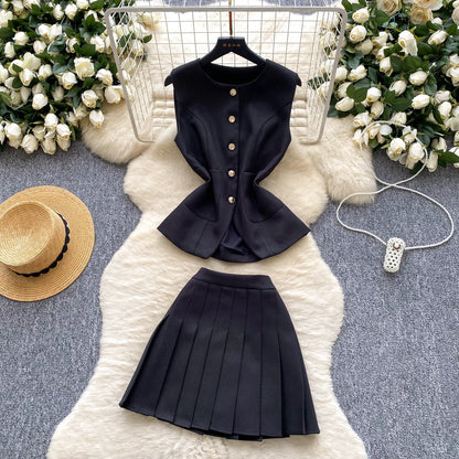 Roman 2-Piece Set - Sleeveless O-Neck Top & Skirt Outfit