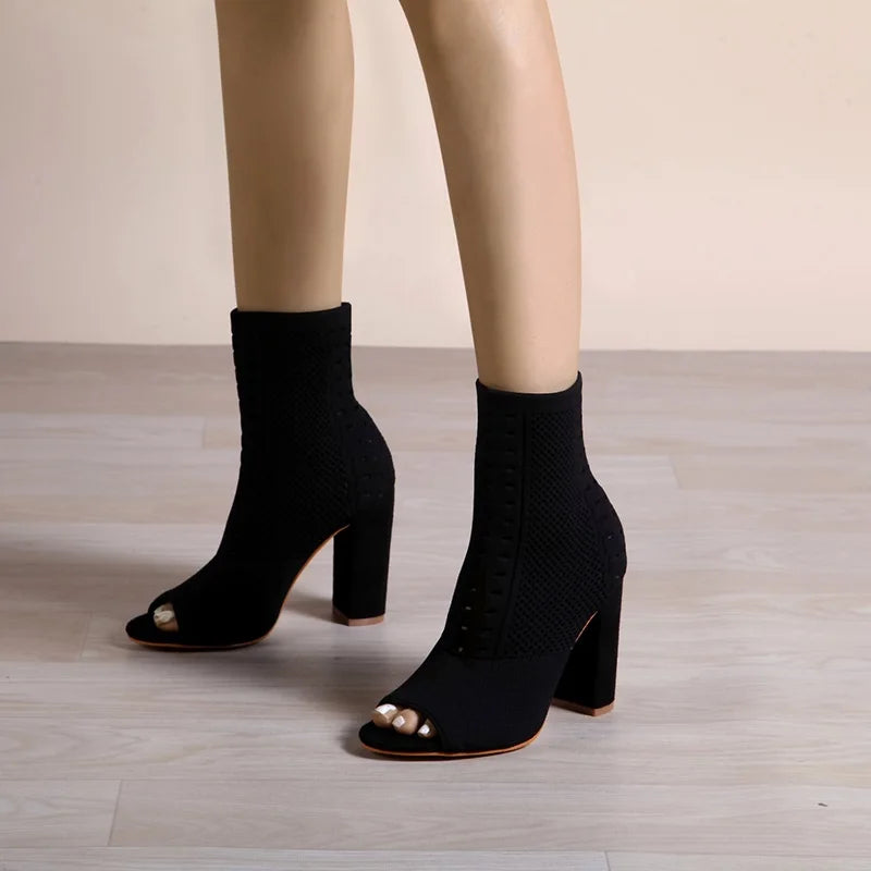 Chunky Heel Knitted Peep Toe Booties