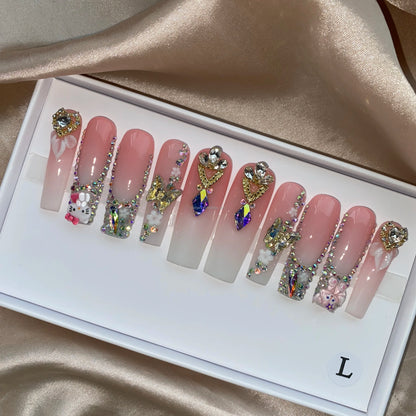 Long Square Glitter Rhinestone Press On Acrylic Nails