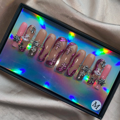 Long Square Glitter Rhinestone Press On Acrylic Nails