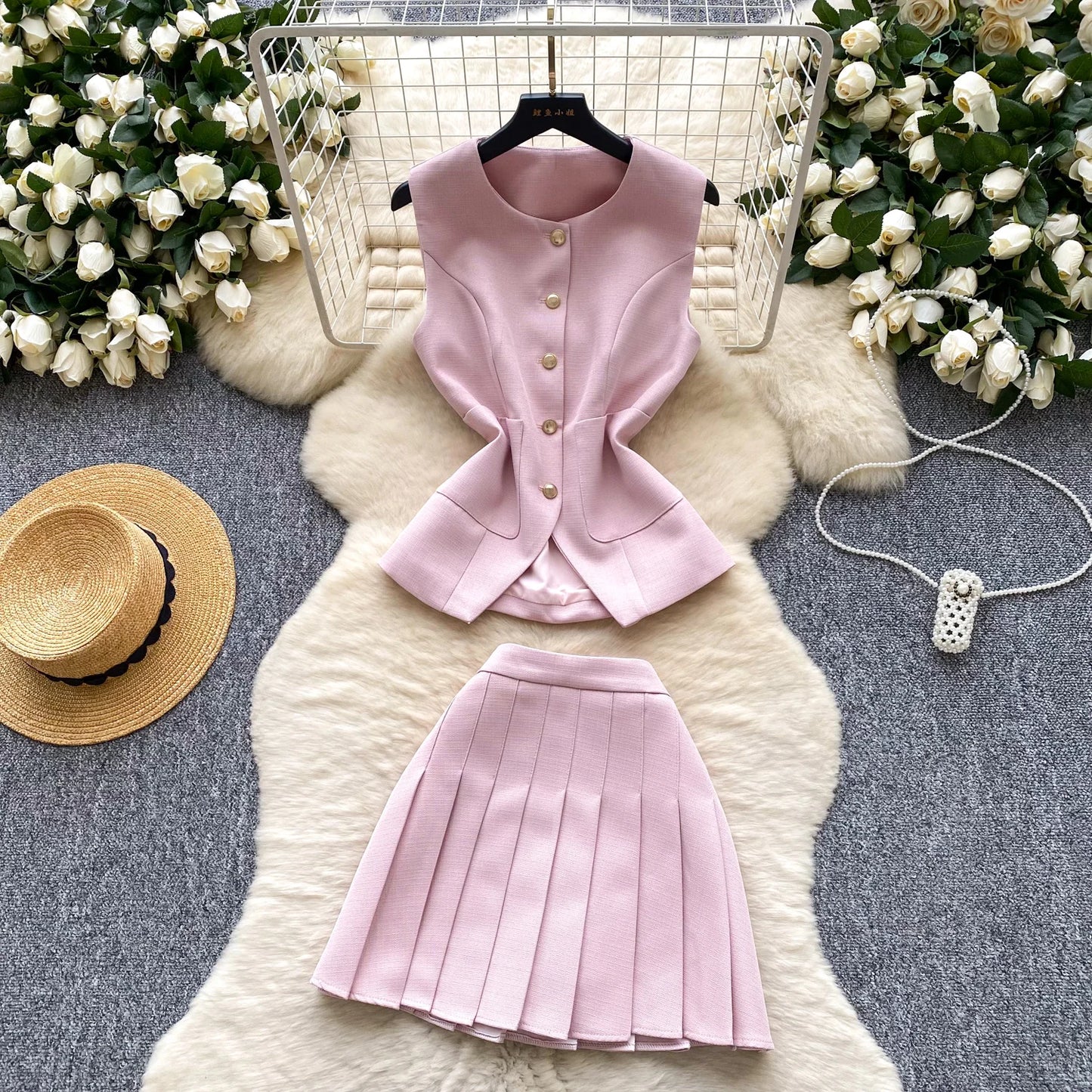 Roman 2-Piece Set - Sleeveless O-Neck Top & Skirt Outfit