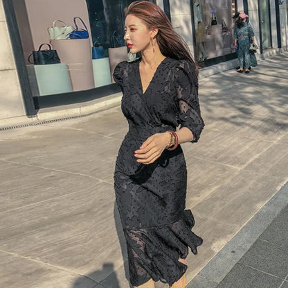 Korean Style V-Neck Chiffon Dress - High Waist Fishtail Hem