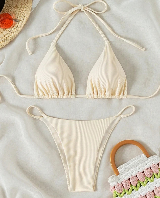 Ribbed Bikini Set with Printed Pattern - Sexy Two-Piece Swimsuit