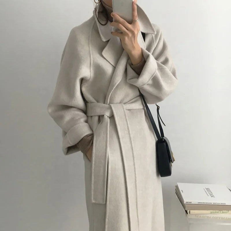 Elegant Belted Long Wool Drop Shoulder Overcoat