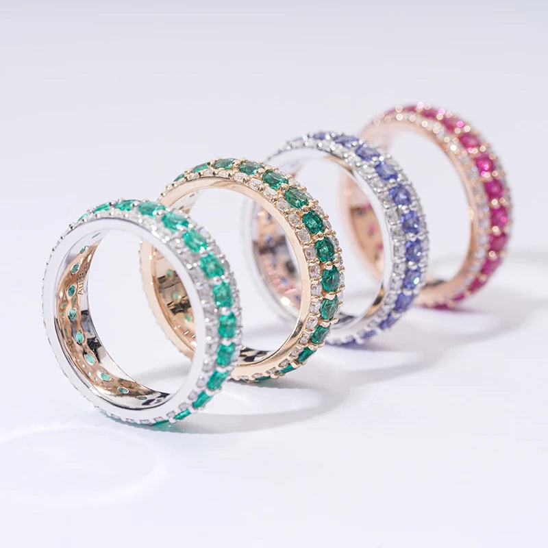 14K Gold Lab Grown Gemstone Wedding Ring - Sapphire, Emerald, or Ruby with Moissanite