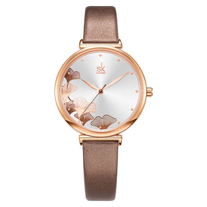 Women's Ginkgo Leaf Quartz Watch - Stainless Steel Mesh Bracelet