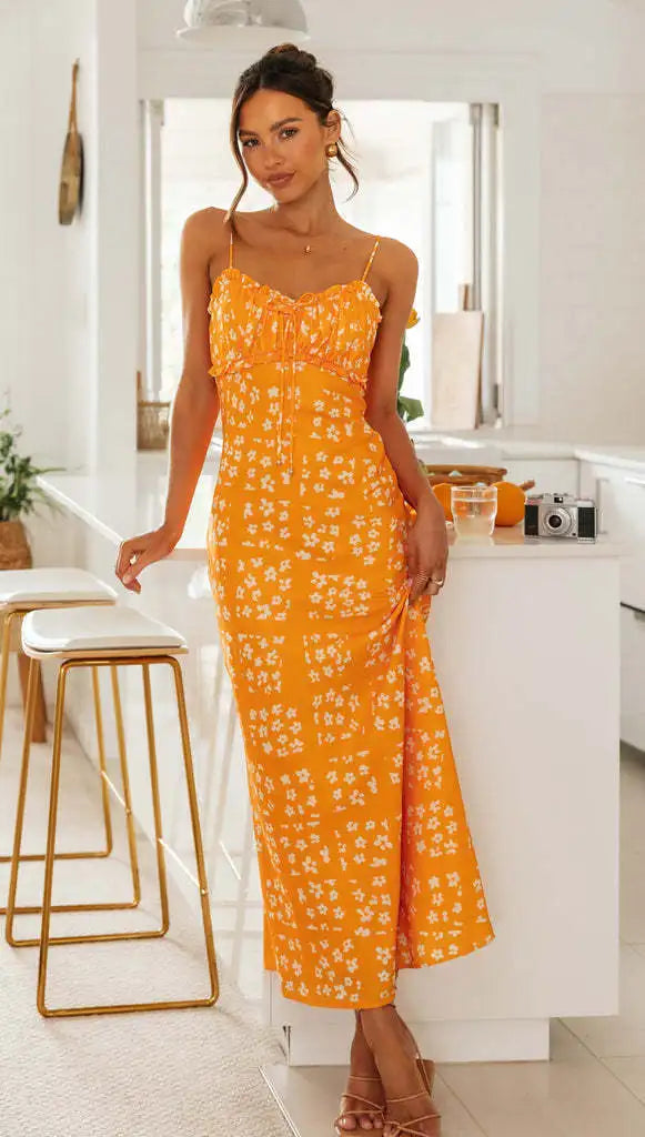 Printed Backless Maxi V-Neck Spaghetti Strap Summer Dress